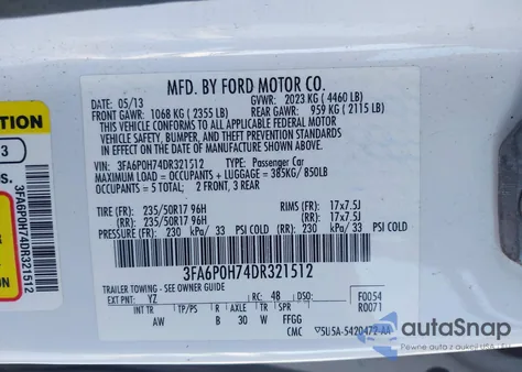 2013 Ford Fusion Se z USA, uszkodzony, nr VIN 3FA6P0H74DR321512